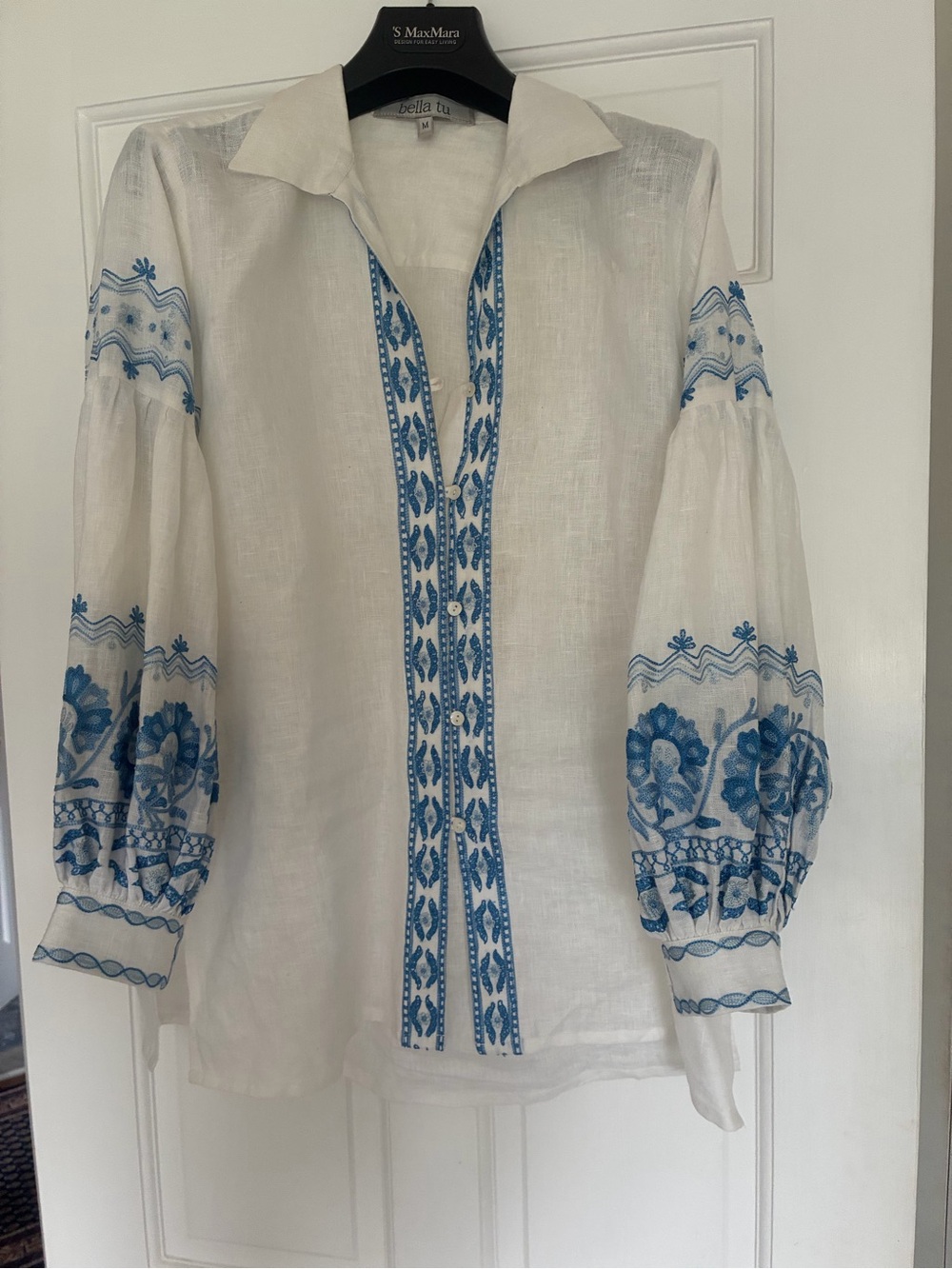 Bella Tu White Linen Tunic with Blue Embroidery
